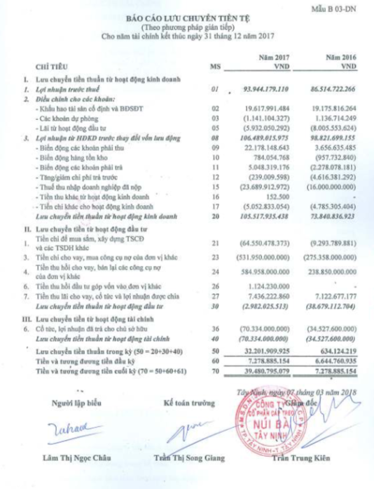 Báo cáo lưu chuyển tiền tệ cáp treo núi bà Tây Ninh 